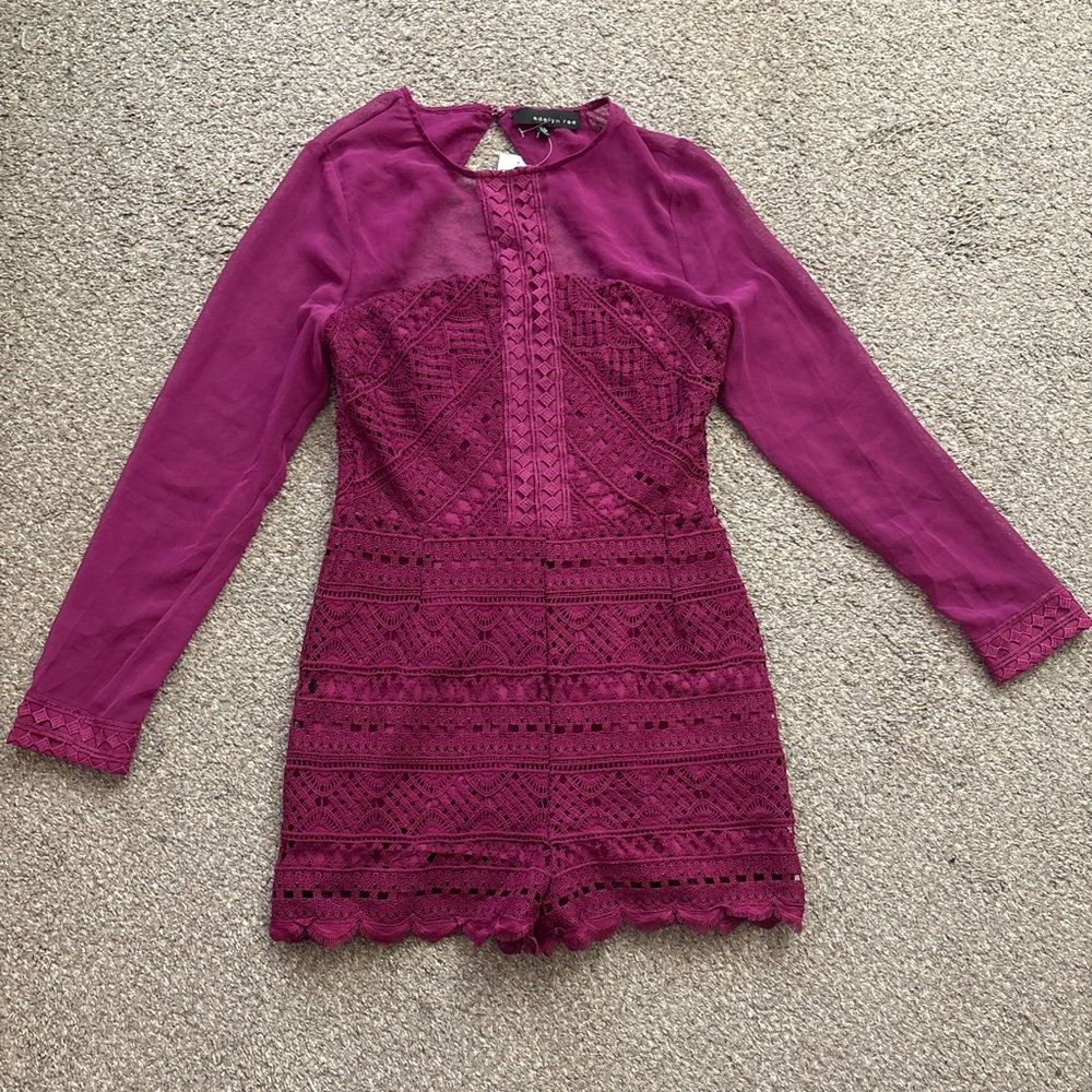 New Medium Adelyn Rae Purple Berry Lace Open Back Romper - Picture 2 of 16